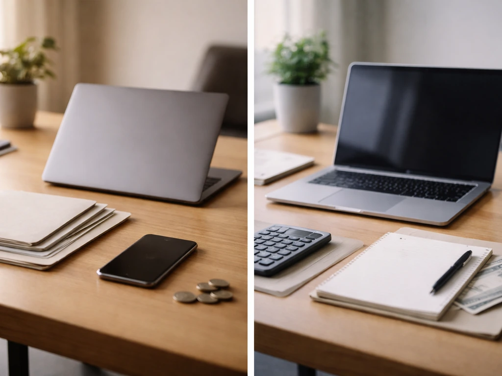 Split-screen of two anonymous business desk scenes suggesting differing published net worth estimates
