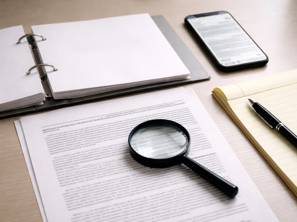 Closeup of a desk with a magnifying glass over an SEC-style filing and a phone webpage, no readable text.
