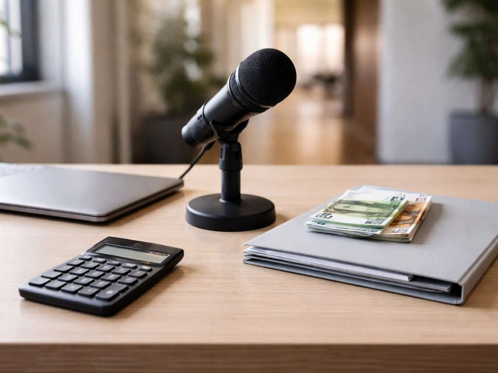 Minimal office scene with a calculator and neatly stacked euros beside a microphone, suggesting a model-based wealth est