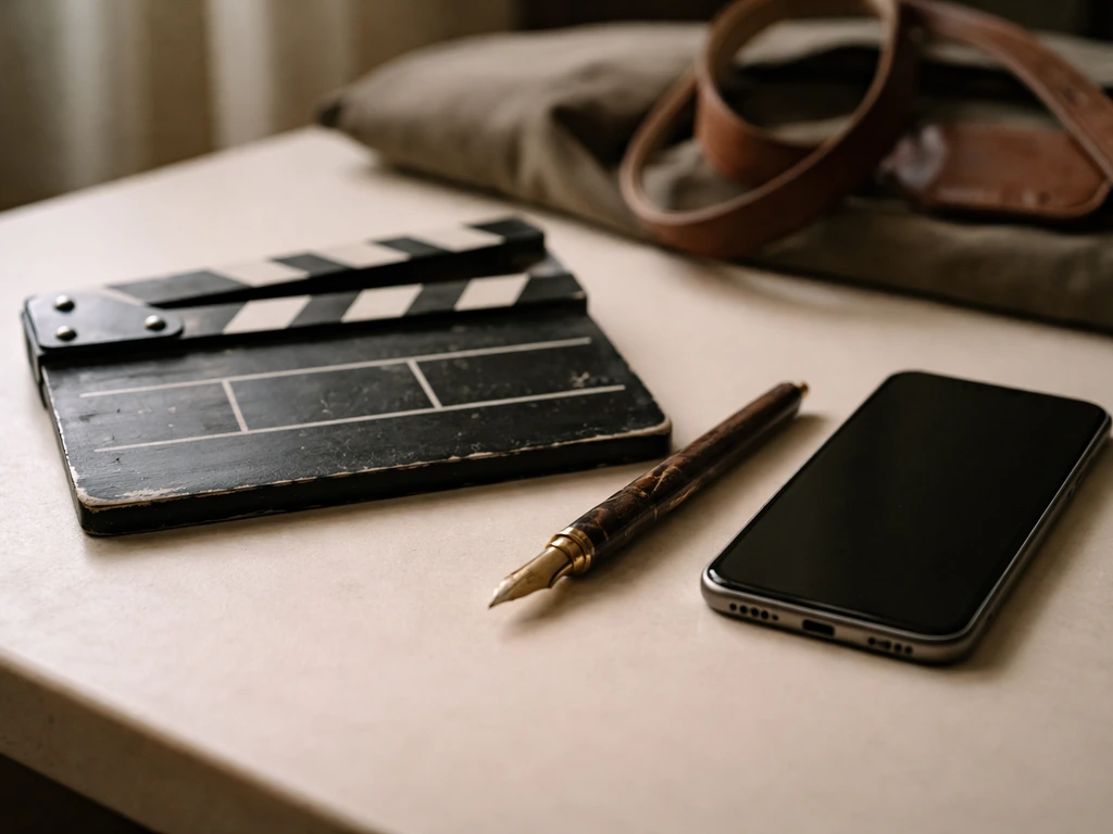 Vintage film clapperboard with a pen and smartphone on a simple desk, symbolizing decades of acting work.