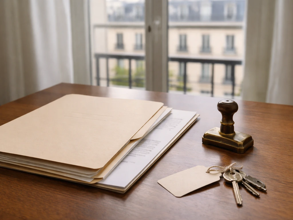 Close-up of a sealed real-estate corporate folder on a desk, suggesting a French SCI registry filing.