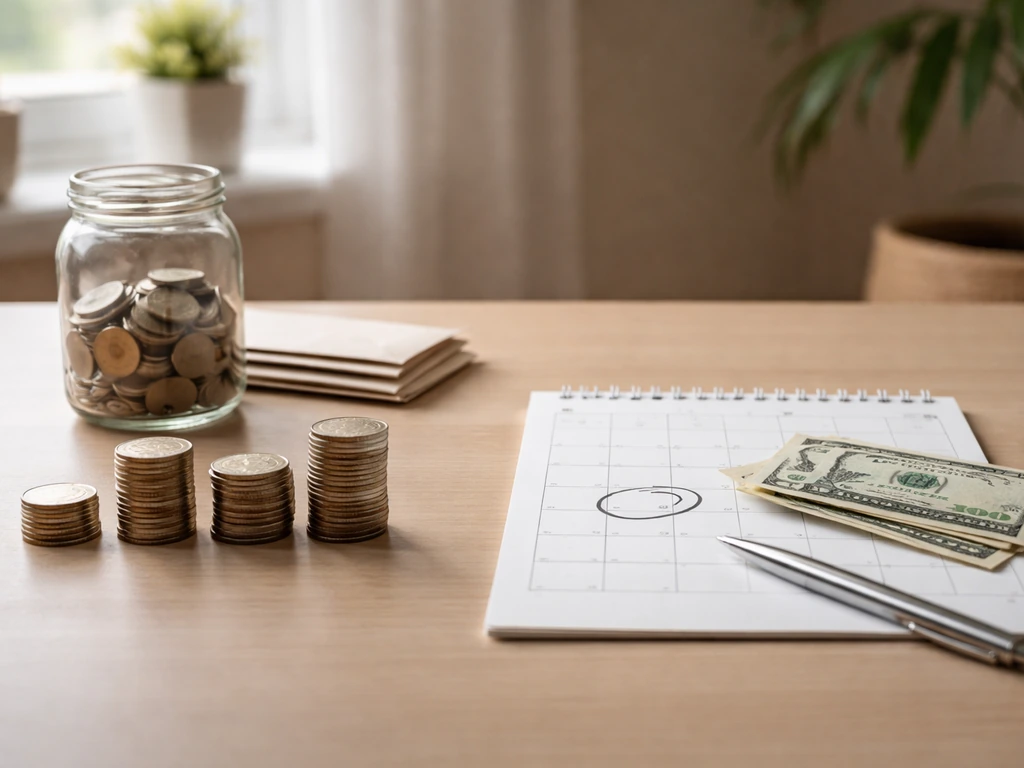 Minimal desk photo with coins and envelopes beside bills and a blank calendar page, contrasting accumulation vs yearly i