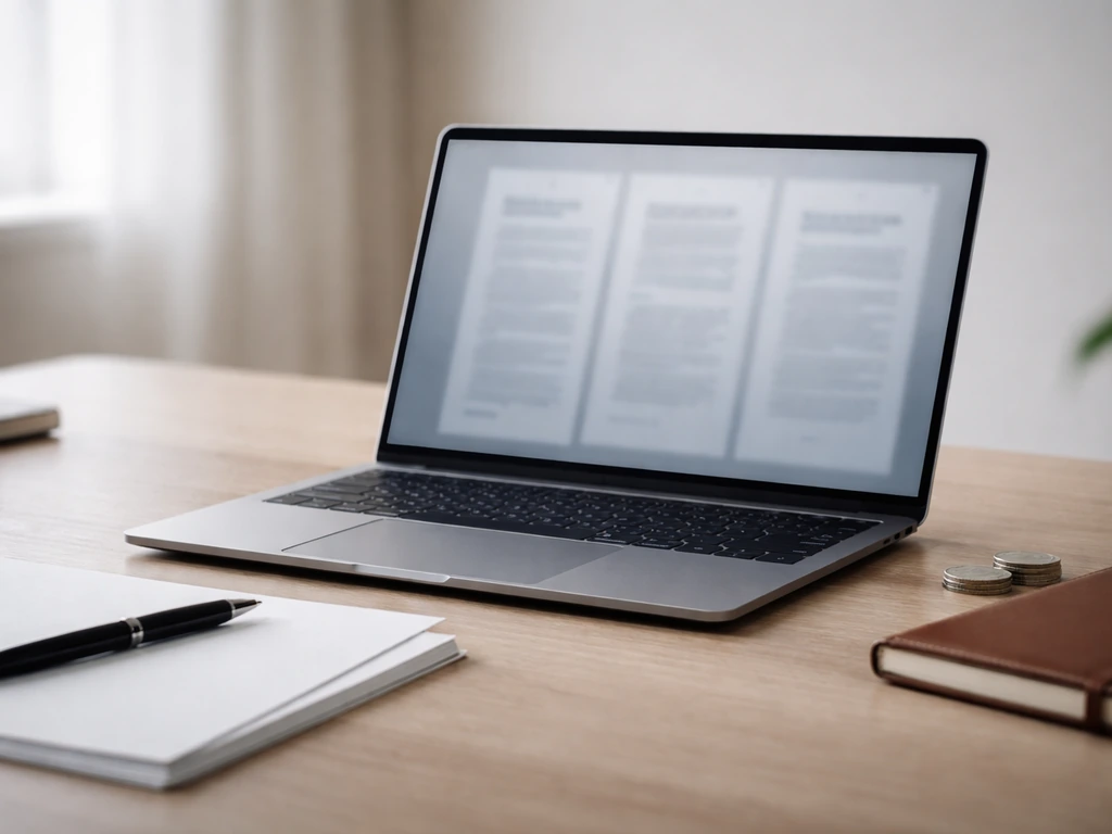 Minimal office scene with an open laptop showing blurred document-style pages and subtle wealth symbolism