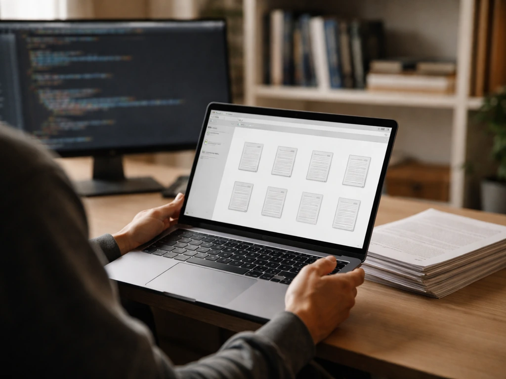 Anonymous software developer at a desk with laptop and printed documents, tech-focused home office scene.