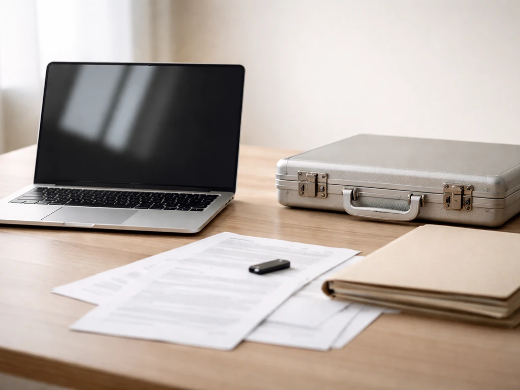 Minimal office desk with laptop and documents suggesting a software deal exit and money flow.