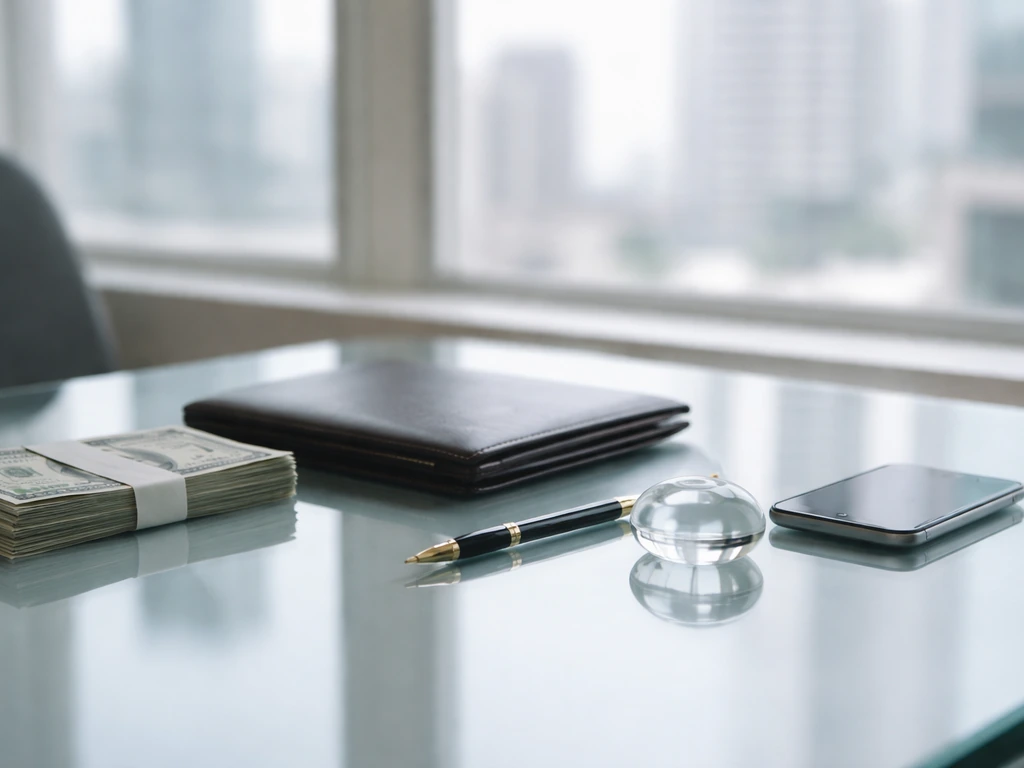 Minimal office desk with banknotes, a portfolio, and pen symbolizing financial asset categories