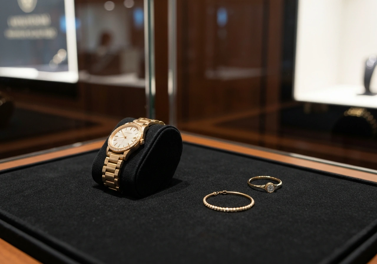 Close-up of luxury watch and jewelry on a velvet tray in a softly lit collector’s showroom