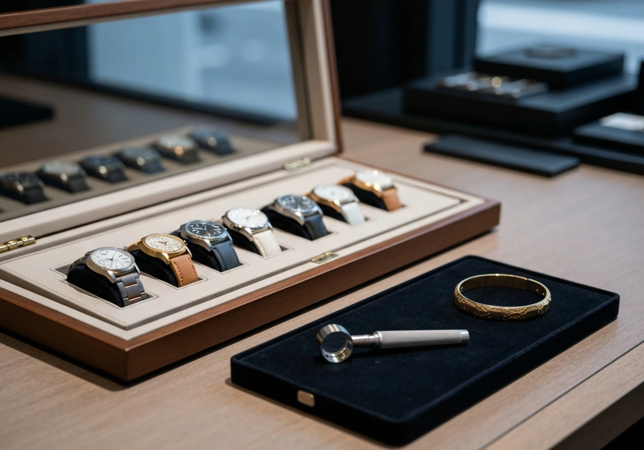 Luxury watch-collector scene with high-end watches and jeweler tools on a velvet workbench.