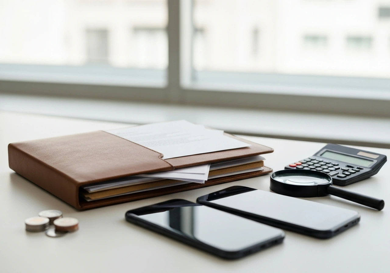 Minimal desk scene showing business documents, a calculator, and a small stack of coins for net-worth estimation.