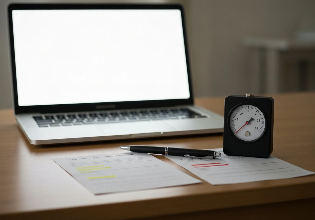 Minimal desk scene with two highlighted documents and an analog gauge set mid-low, suggesting low-moderate confidence.