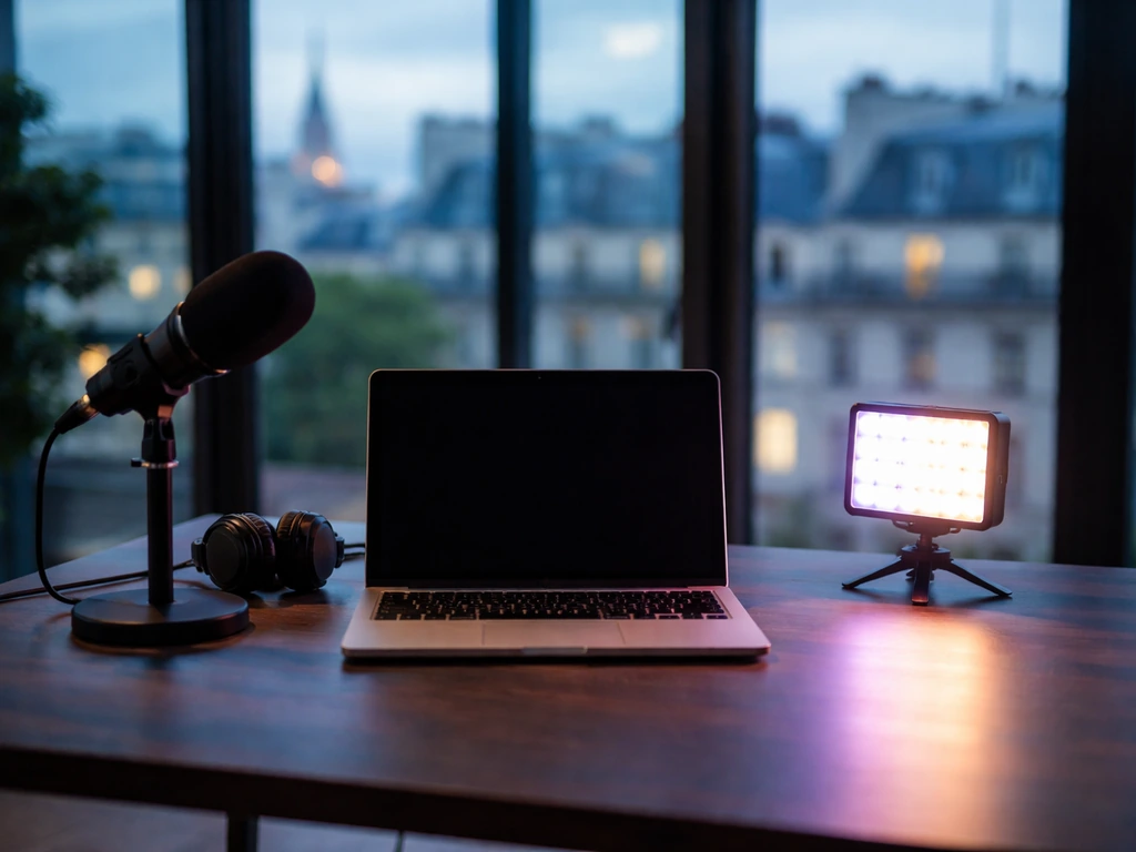 Minimal LED media studio desk with microphone and laptop, softly lit, symbolizing visual communications in France