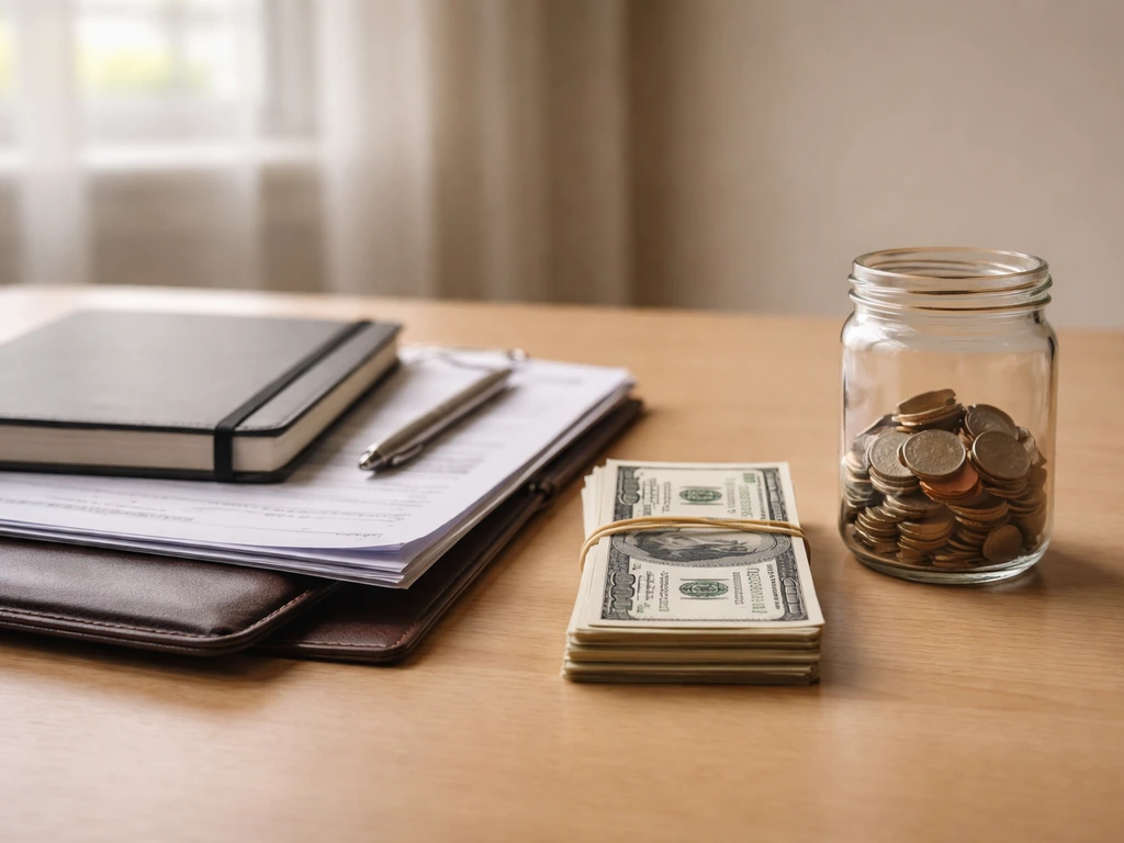Minimal photo of a desk with scattered cash and documents beside a closed notebook, symbolizing assets minus liabilities