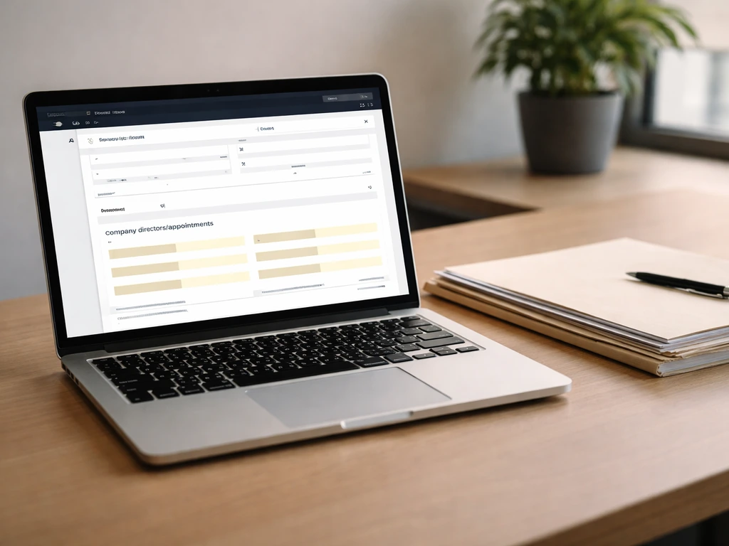 Laptop on a desk showing a generic corporate registry interface with director/appointment fields highlighted.
