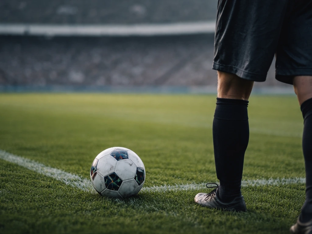 A football resting on the pitch with a generic dark soccer kit partially visible, stadium blurred background.