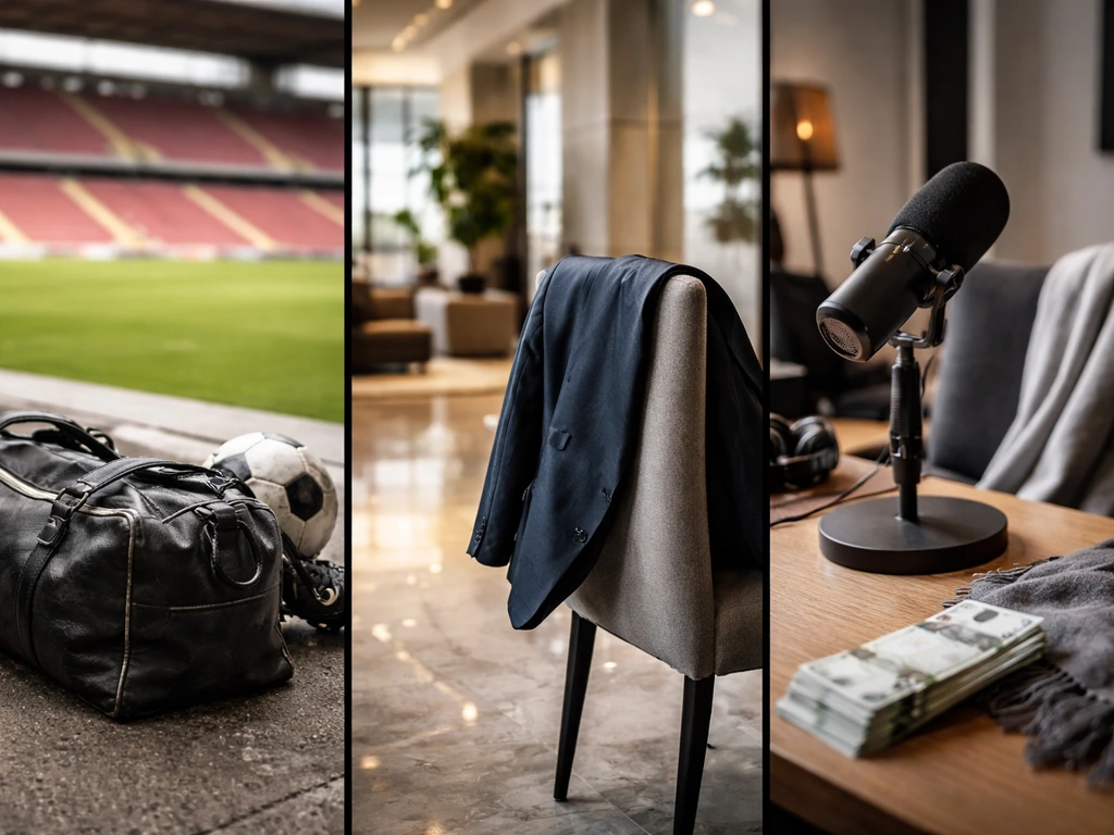 Minimal montage-style photo of football clubs and money symbolism using anonymous stadium and cash-like props
