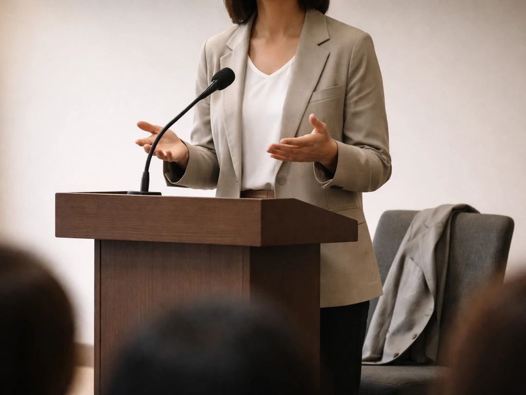 An anonymous speaker at a small public event podium beside a dark backdrop, symbolizing public roles and endorsements.