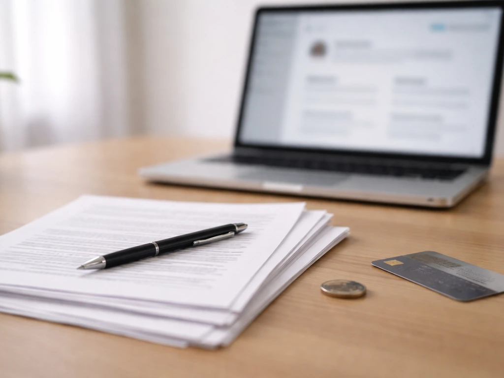 Close-up of printed business documents and a pen beside a laptop showing blurred registry-style pages