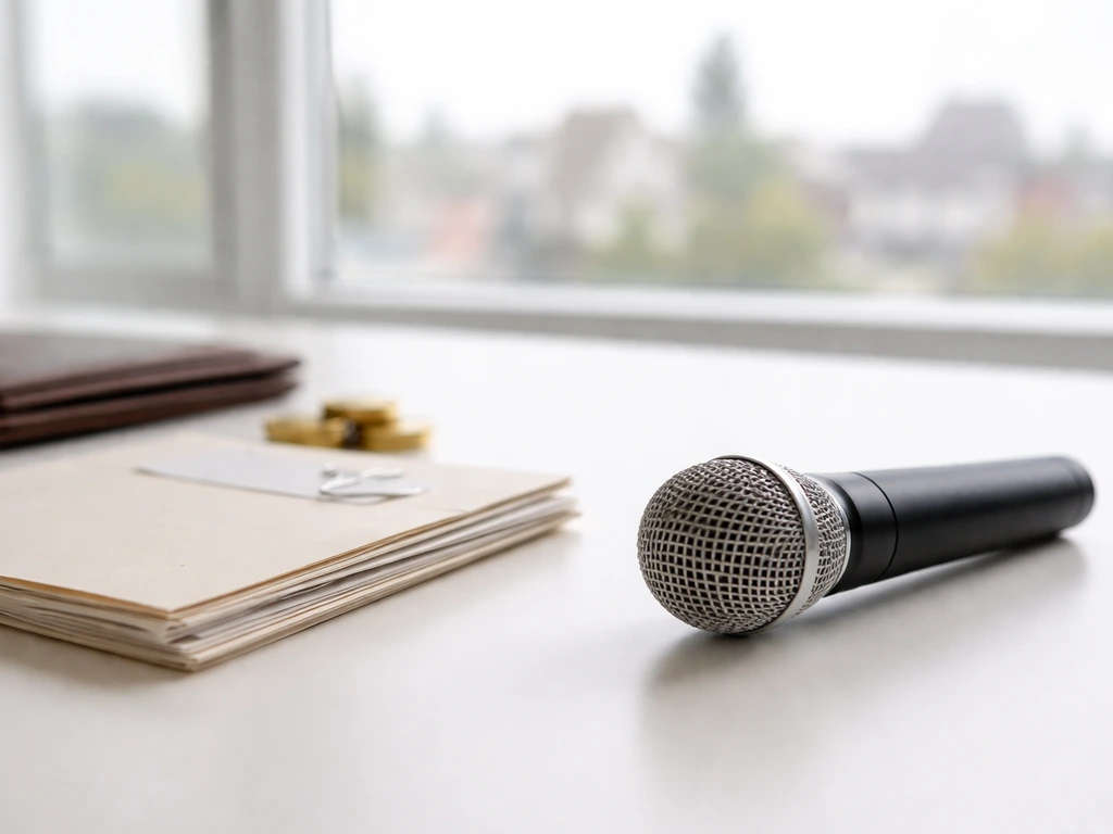 Minimal office scene with a blurred TV microphone and business documents, symbolizing identity verification