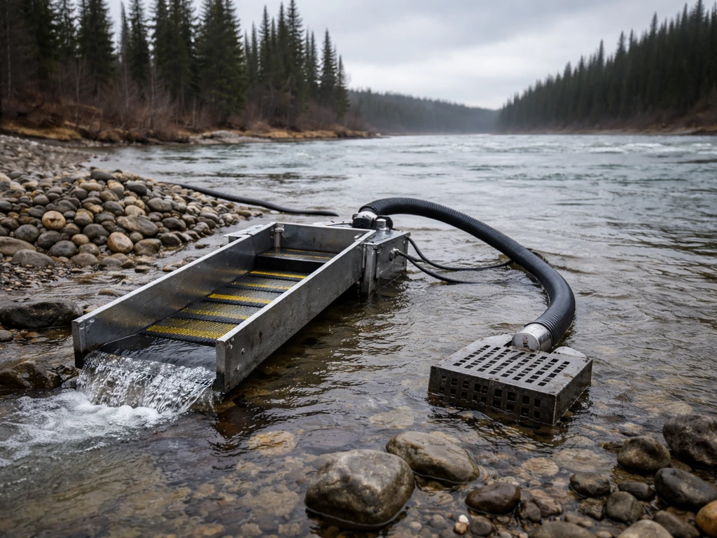 Small placer gold mining scene on a Yukon-like riverbank with dredge equipment and flowing water.