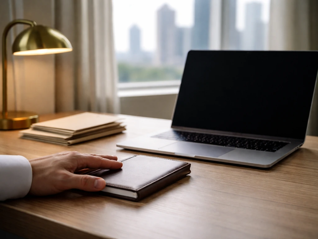 Hands in a modern office arranging finance-related items beside a blank laptop, symbolizing net worth analysis