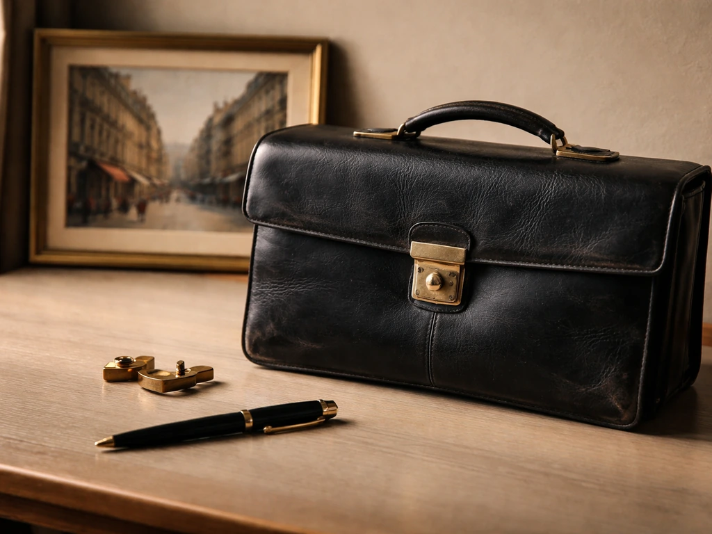 Vintage entrepreneur desk scene with a leather portfolio, pen, and cufflinks, warm natural light.