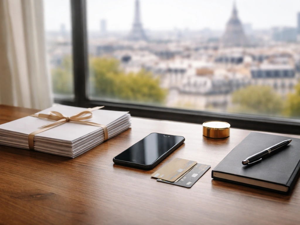 Minimal office desk scene with a smartphone, credit cards, and a blurred city view suggesting wealth estimation