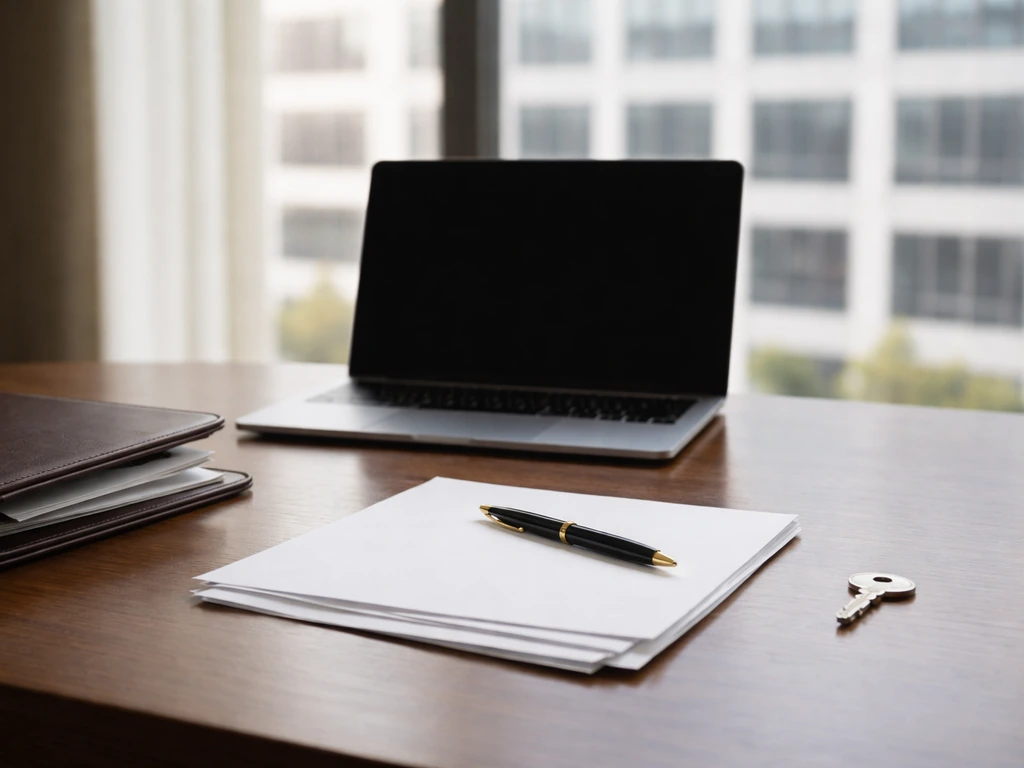 Minimal desk scene with investment documents, pen, and laptop symbolizing corporate ownership structure.