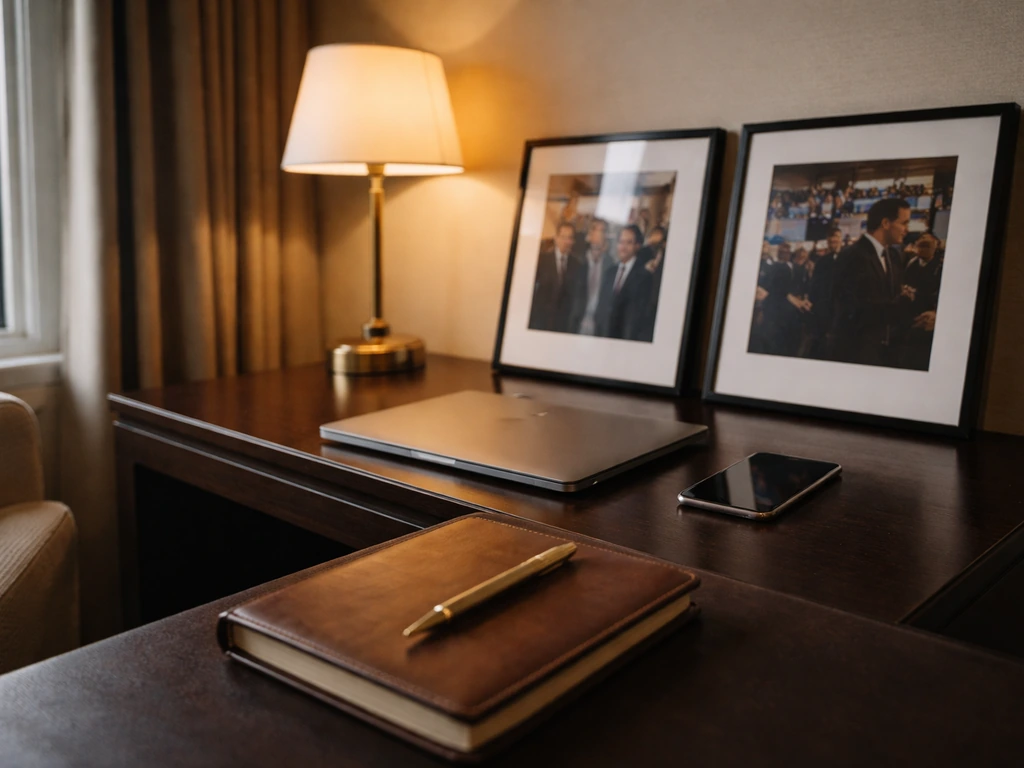 Minimal luxury suite desk with laptop and phone, suggesting media and wealth-focused identity.