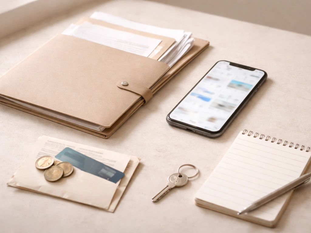 Minimal desk scene with a business folder, blurred phone booking view, and small receipt/coins to suggest income streams