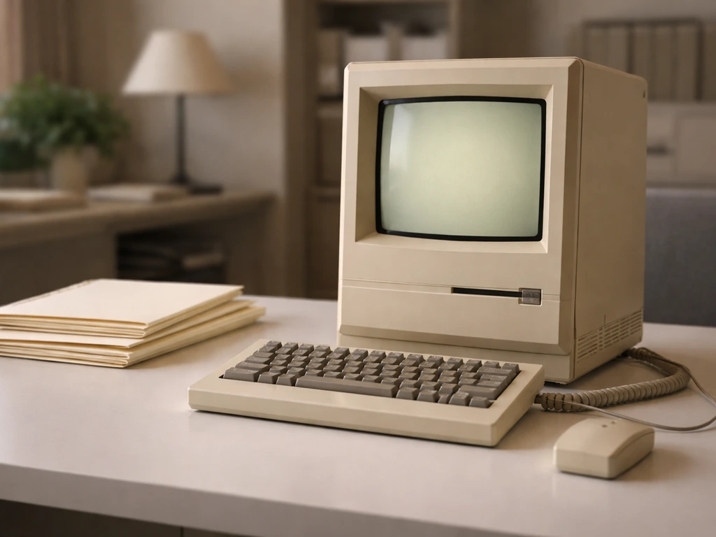 Beige 1980s Macintosh-style computer and blank folders on a minimal desk in natural light.
