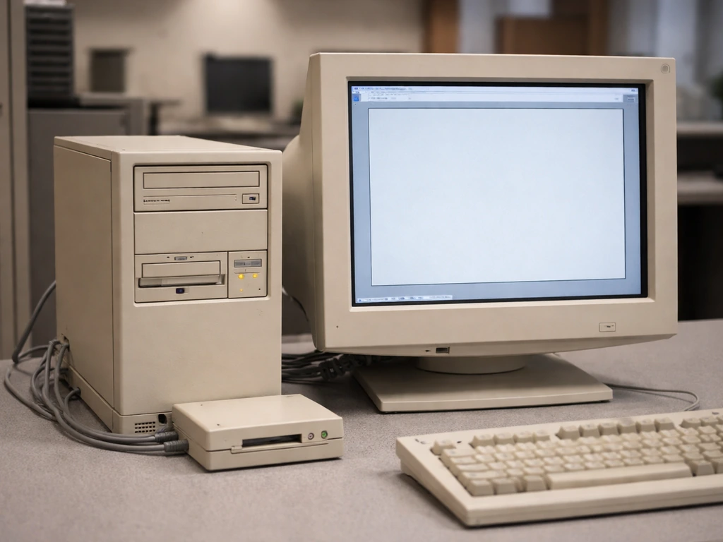 Early-2000s office desk with a beige desktop computer tower and monitor showing blank window, minimal tech vibe.