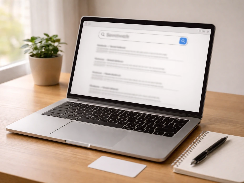 Minimal desk scene with laptop showing a blurred search query and results list for SEC EDGAR-style research.