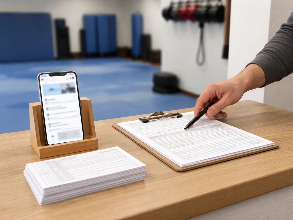 Martial arts school front desk with clipboard and smartphone showing blurred business profile, anonymous hand.