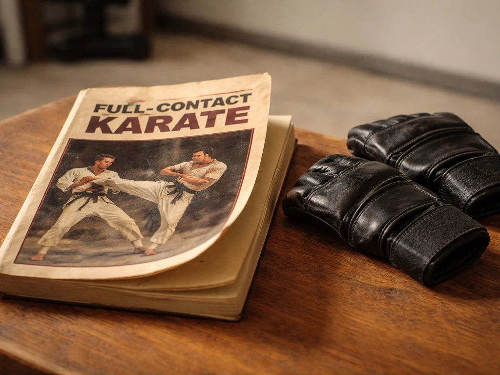 Worn martial arts paperback on a wooden table with black karate gloves, minimalist natural light.