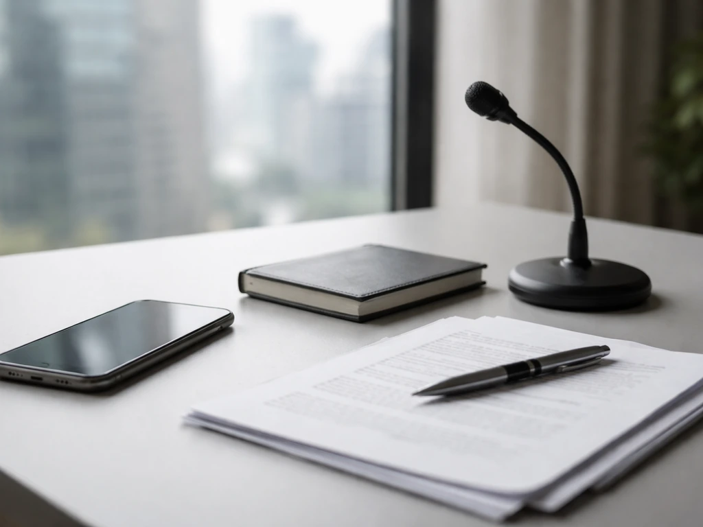 Minimal office desk with a smartphone, microphone, and scattered documents suggesting a net worth investigation theme