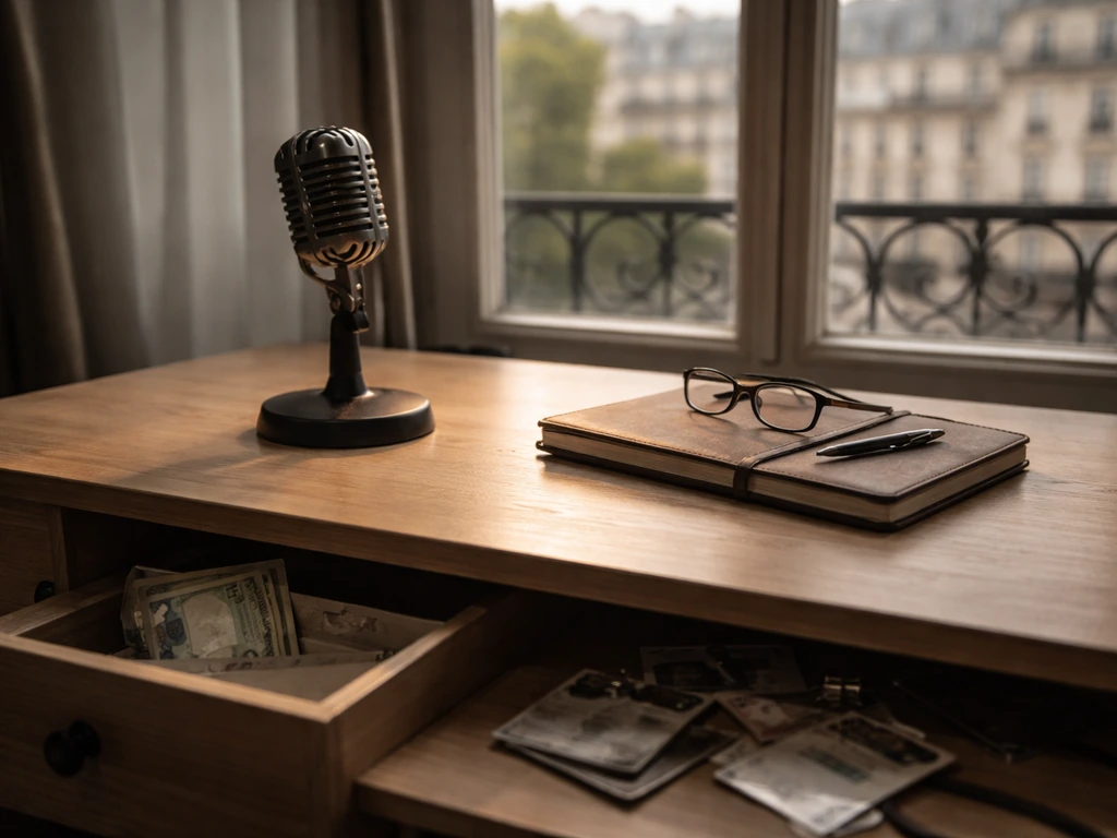 Minimal desk scene with vintage microphone and soft city window, suggesting media and financial inquiry.