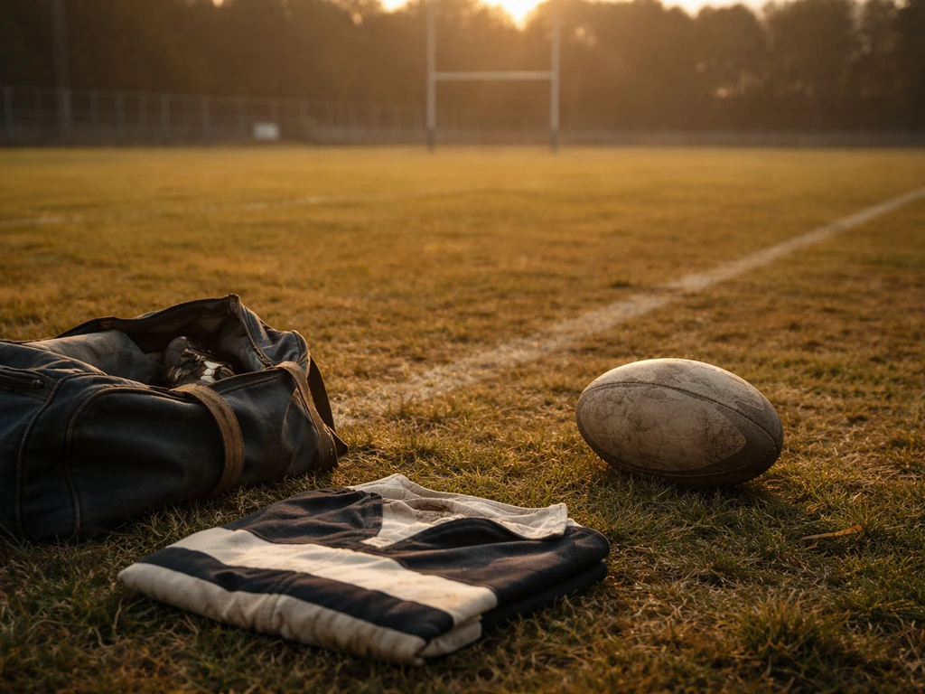 Worn rugby ball and vintage kit on an empty field at golden hour, suggesting a past playing era.