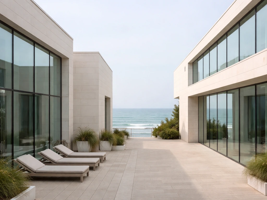 Exterior of a coastal thalassotherapy center in Hendaye with ocean view in the background.