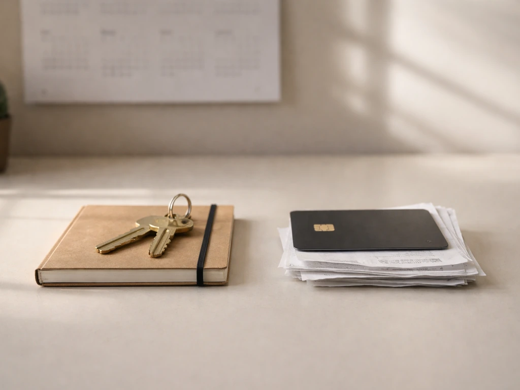 Minimal photo showing a desk setup with coin and house keys beside a credit card, symbolizing assets vs liabilities.