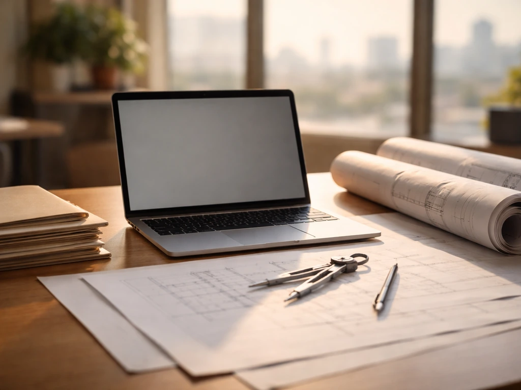Minimal photo of an engineering desk with a laptop and blueprints, evoking consulting wealth analysis