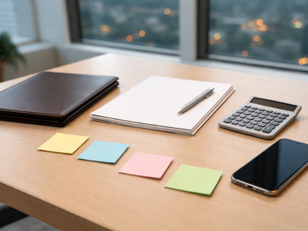 Minimal desk scene with business documents and a smartphone beside a calculator, suggesting net worth estimation workflo