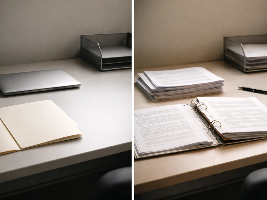 Split photo: empty records-search cues on one side, legal financial documents on the other.