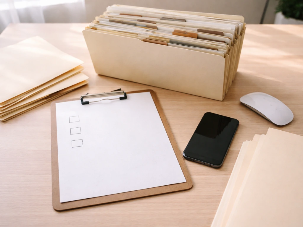 Minimal desk scene with a clipboard checklist and public-record folders for probate and court research steps.
