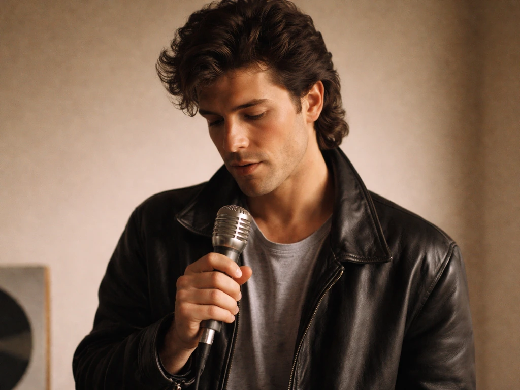 1980s-style francophone pop singer in a minimal studio setting with soft natural light