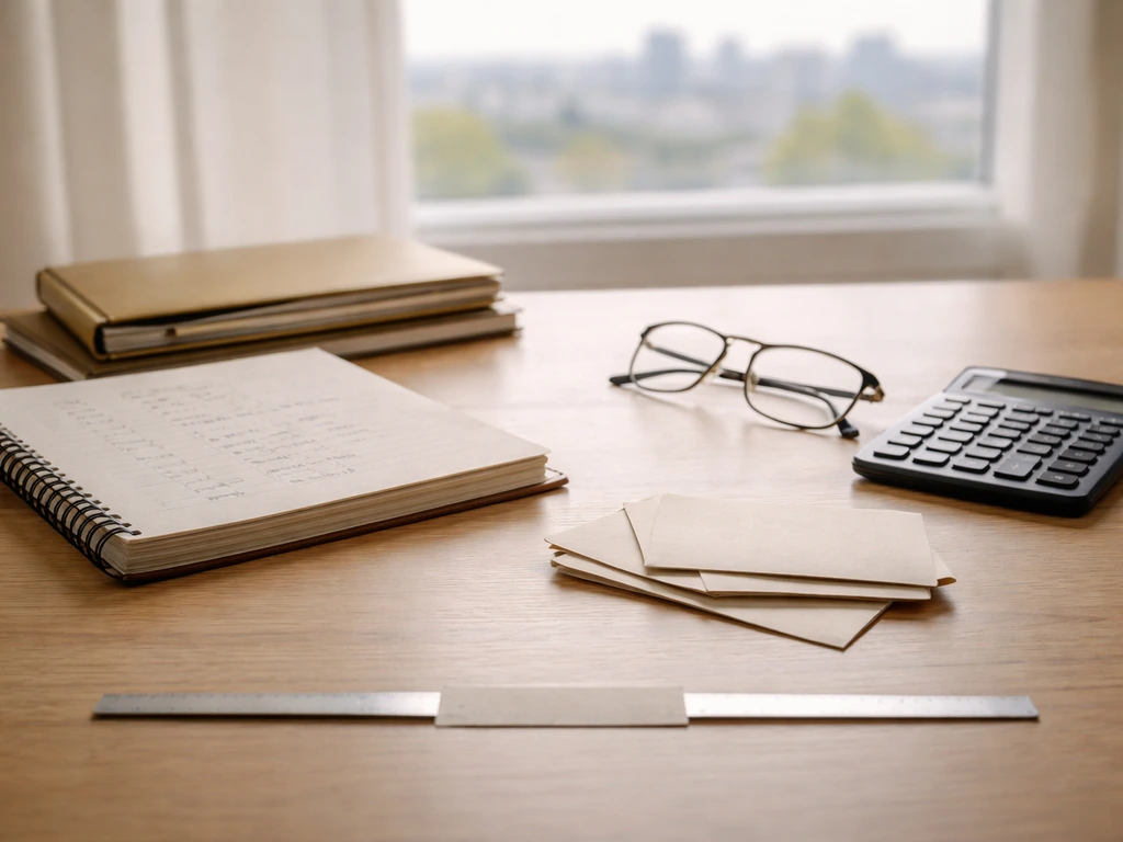 Minimal desk scene with finance props and rulers suggesting a $1M–$3M uncertainty range.