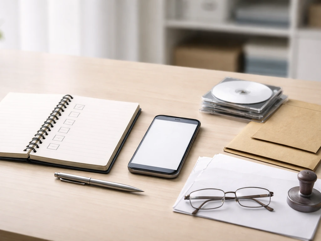 Minimal office desk with blank checklist notebook, smartphone, music media, and papers suggesting source verification.
