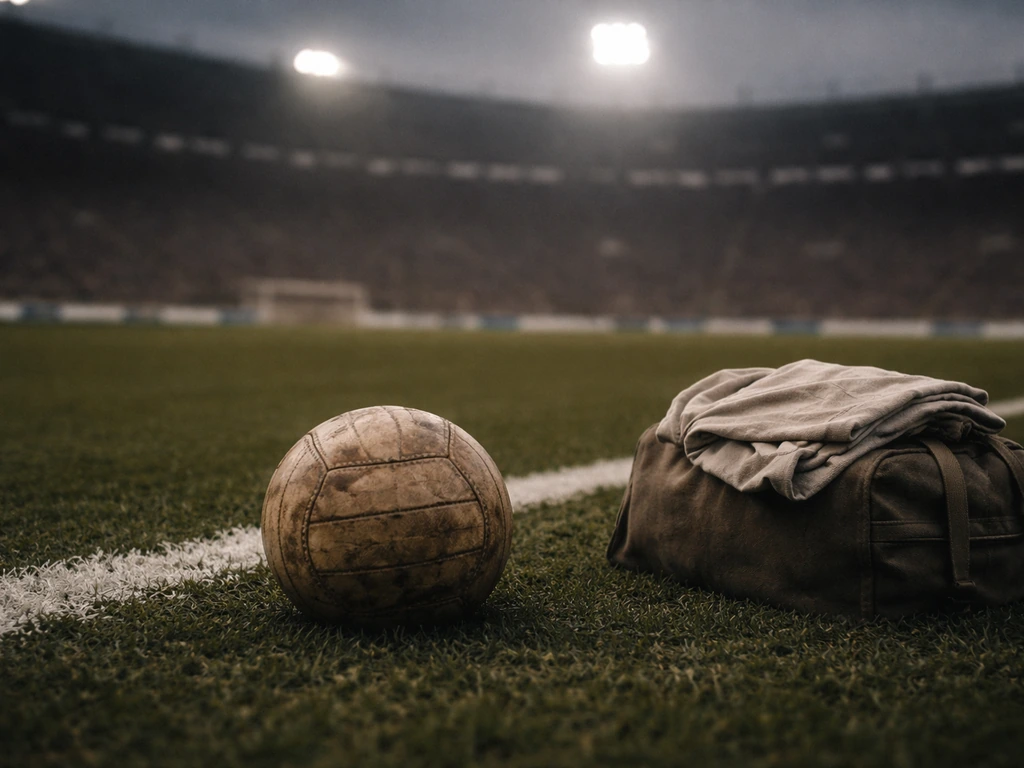 Empty football stadium pitch with a vintage match ball and subtle wealth-themed atmosphere