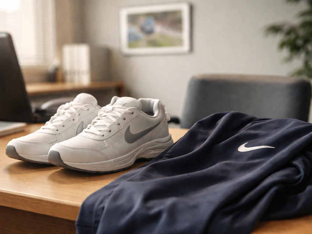 Minimal photo of a dark sports jacket on a desk beside a Nike swoosh–style shoe, symbolizing brand sponsorship.