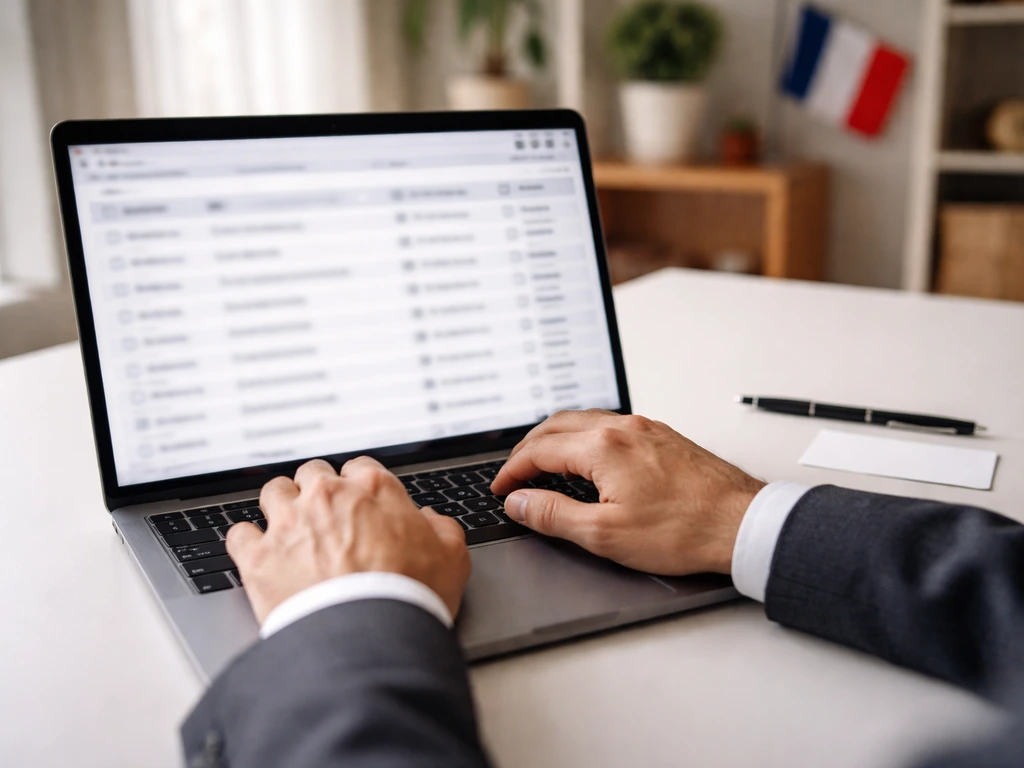 Close-up of a laptop browsing a French public business registry interface, with a business card and pen