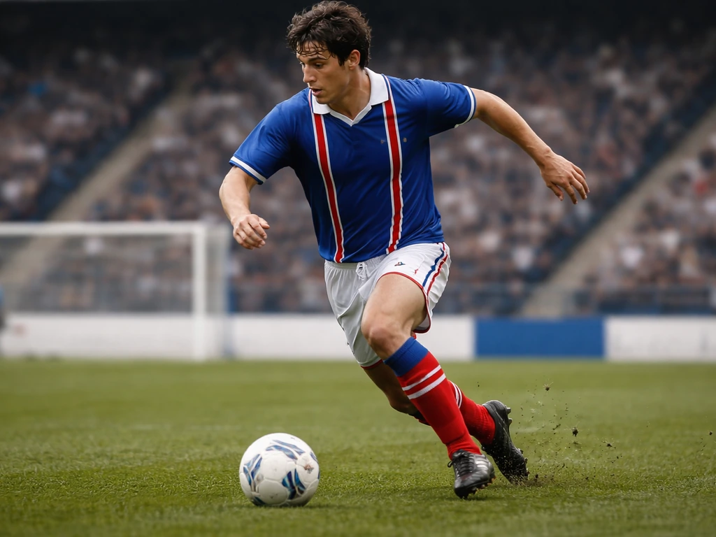 Anonymous attacking midfielder sprinting with a soccer ball on a pitch, stadium blurred behind.